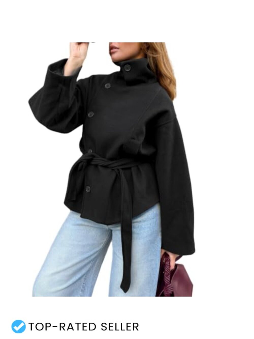 Cropped Pea Coat Funnel Neck Belted Wool Blend Jacket